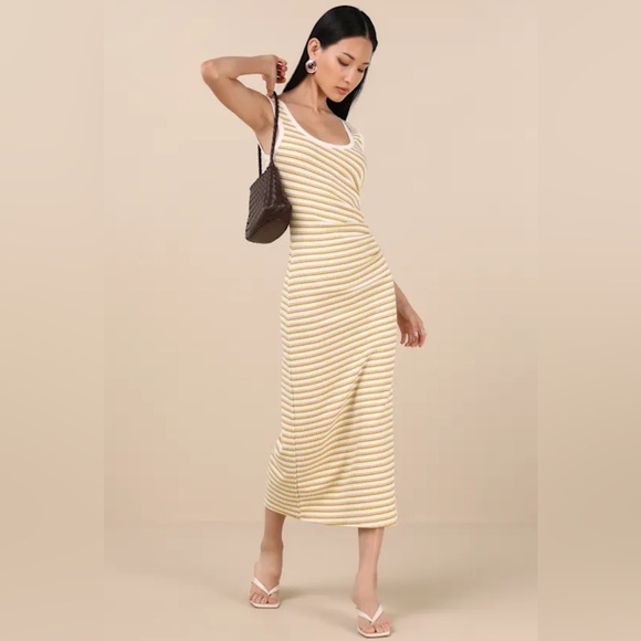 Lulus Edeva Yellow & Ivory Striped Knit Midi Dress NWT - Picture 3 of 5